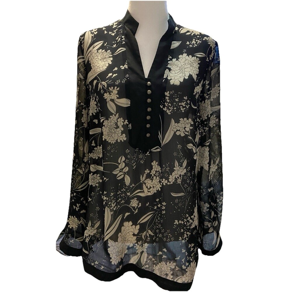 Notations Womens Slit Sleeve Black Tunic Button Down Blouse Sz Small Cottagecore